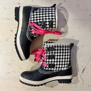 Khombu Telluride Houndstooth Snow Boots, Leather & Textile, Pink Laces, Size 6.5